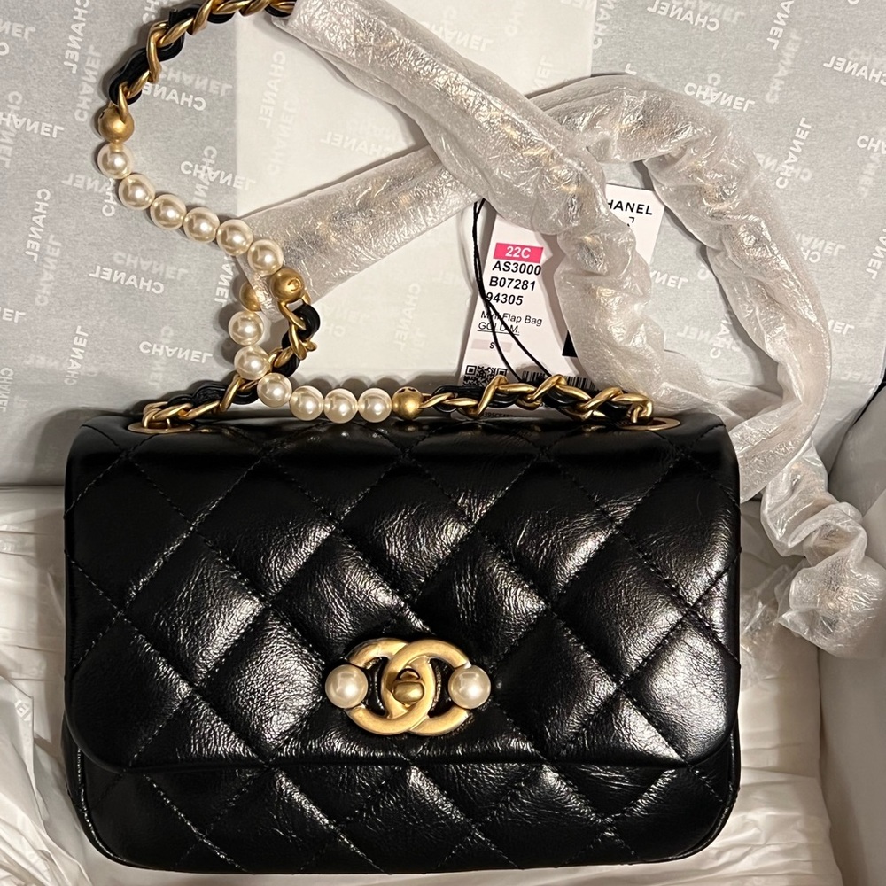 **SOLD** Chanel Black Calfskin Mini Rectangular Bag W/ Pearl Strap Crossbody Bag